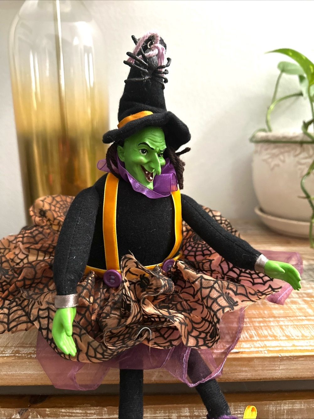 Vintage Whimsical Halloween Green Witch Figurine Shelf Sitter Wicked
